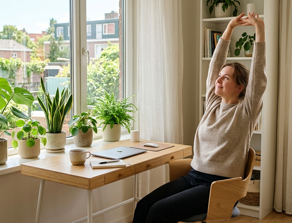 Persoană care se întinde la birou lângă o fereastră luminoasă