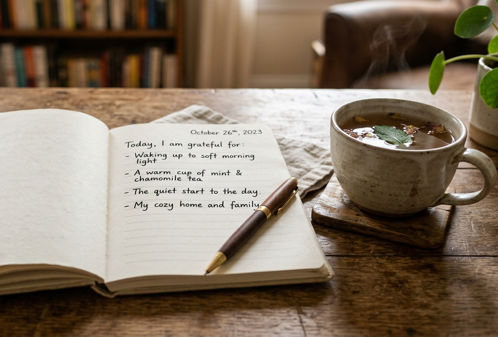 Jurnal deschis pe o masă de lemn lângă o ceașcă de ceai