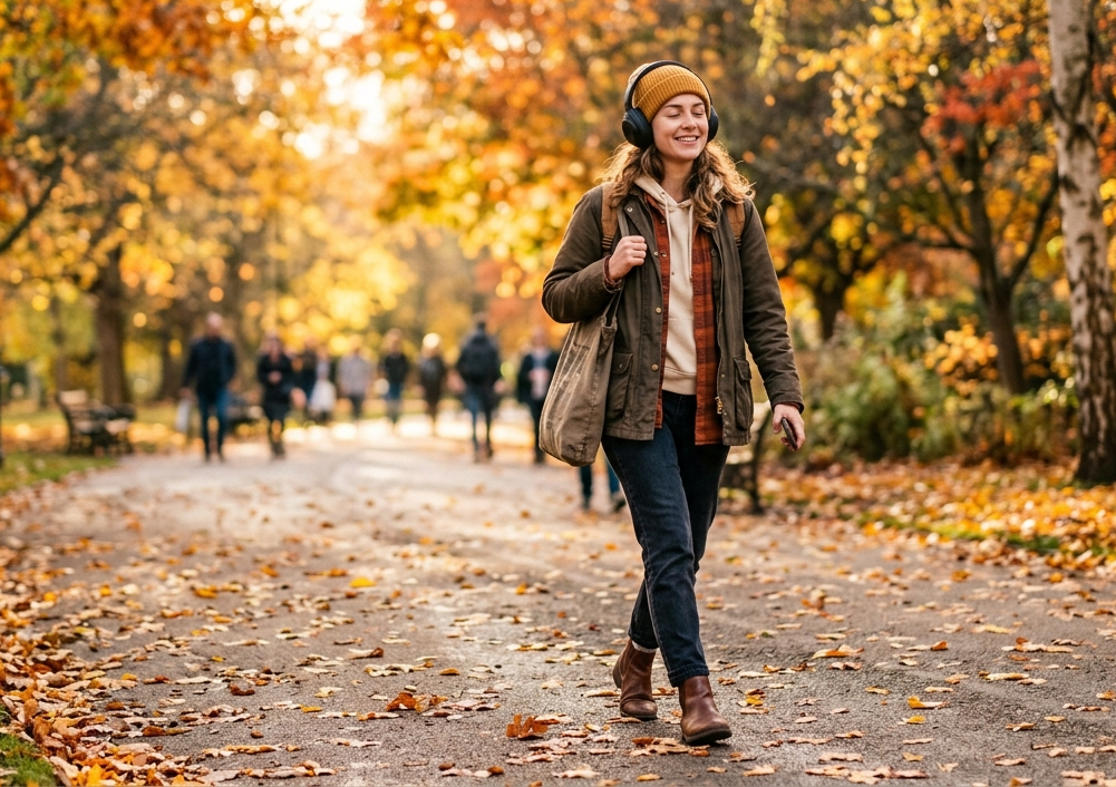 Persoană relaxată într-un parc toamna